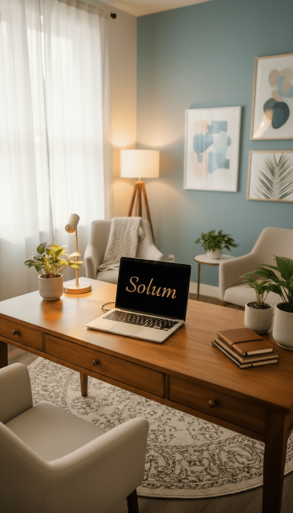 A cozy, warm-lit desk with a laptop on it. On the laptop screen, display the word 'Solum' in a thinner, elegant handwriting font, using terracotta colors (#E2725B), with a black background. Make sure the scene is inviting and no people are present.