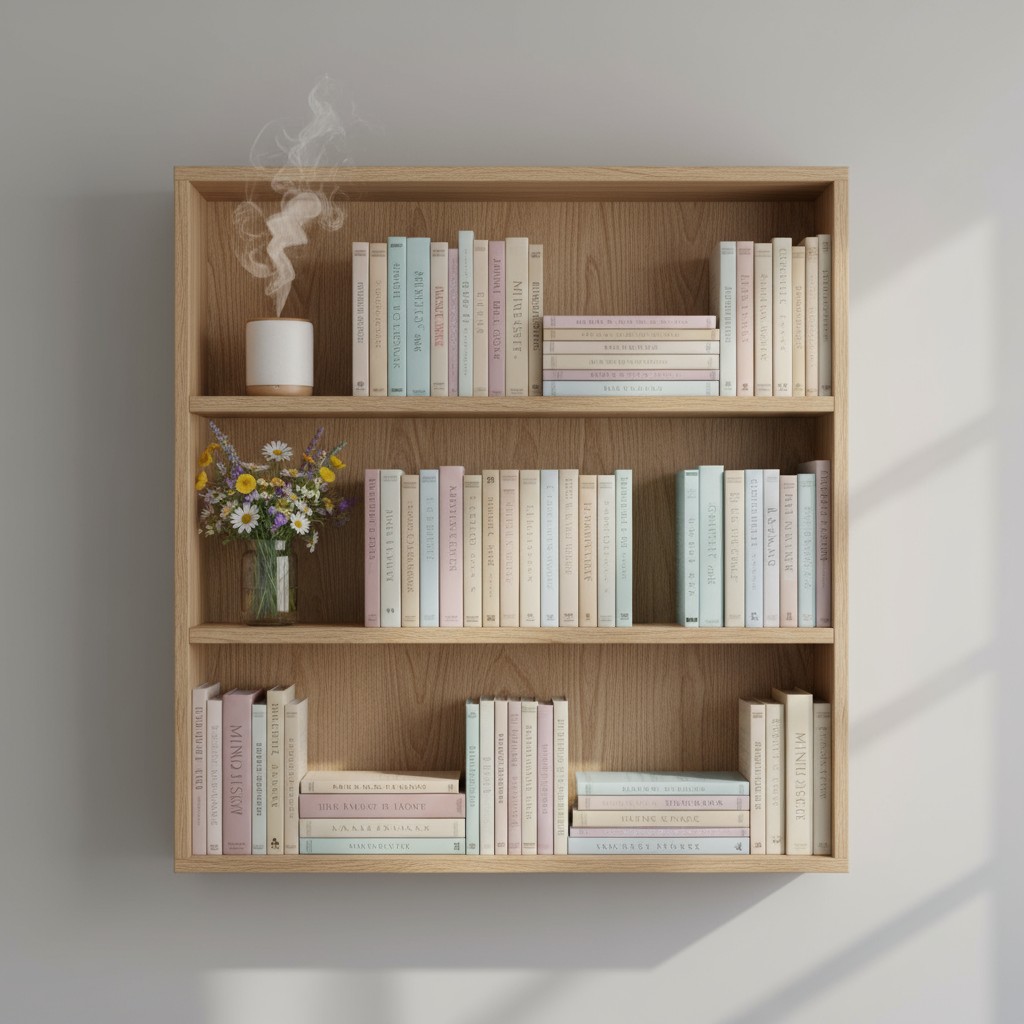 A light-colored wooden bookshelf features four shelves, each comprising five to seven books with spines showcasing pastel ...