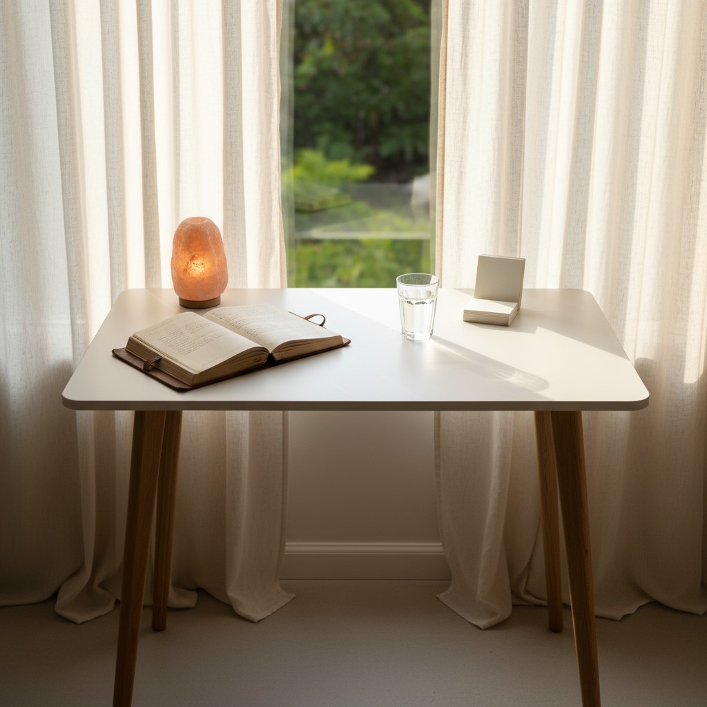 An image of a minimal environment with natural lighting, interior decor, and a view of the natural outdoors.