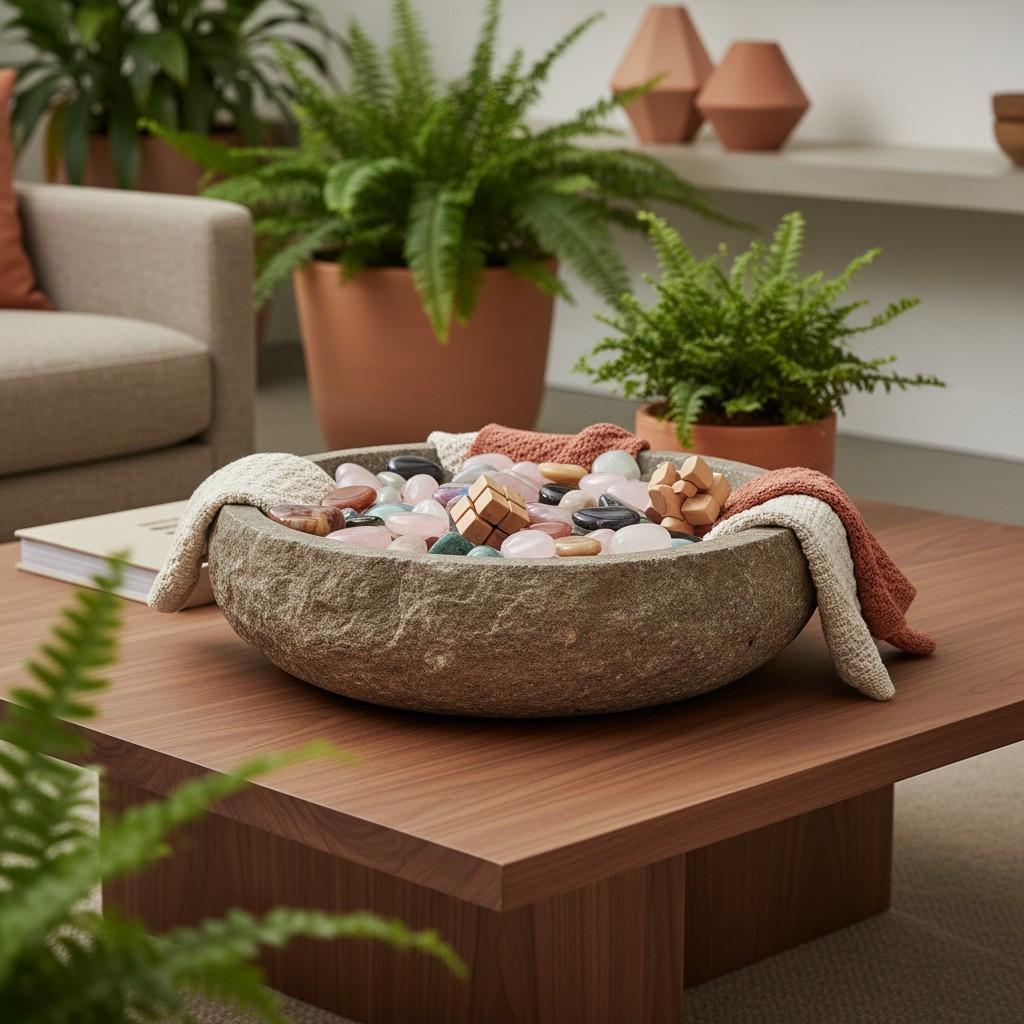 A bowl of smooth stones and wooden objects displayed on a wooden tabletop, surrounded by ferns and potted plants. The room...