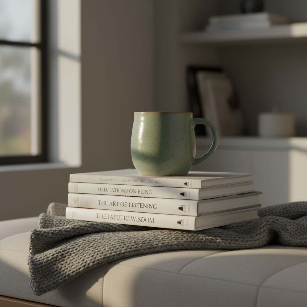 A stack of books sits on a gray couch cushion, accompanied by a light green mug. The books, covered in white cloth with su...